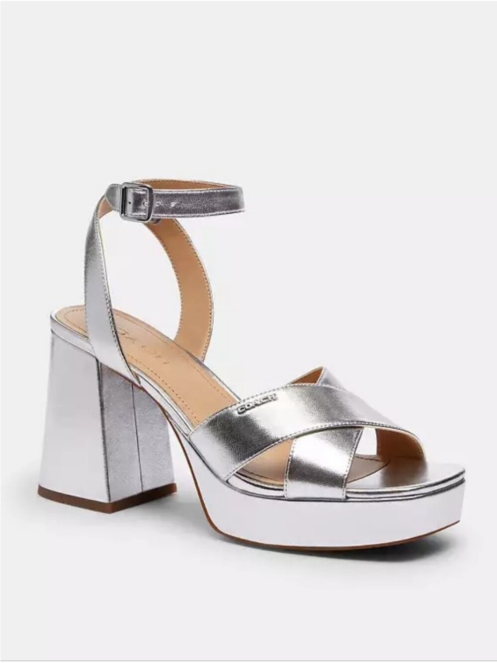 Coach Metallic Silver Platform Ankle-Strap Heels
